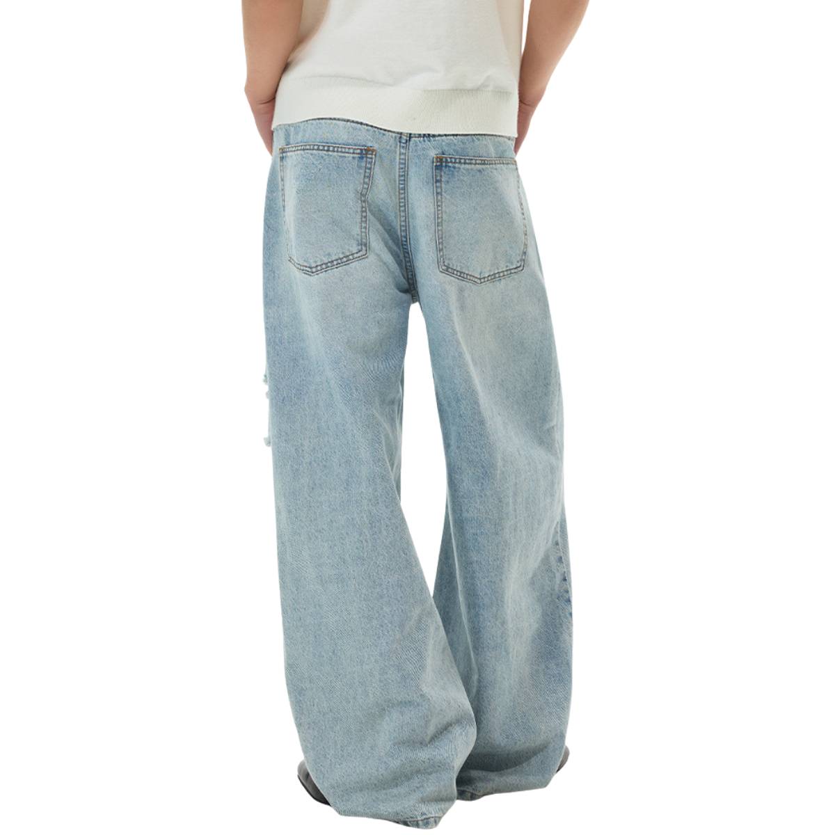 Vintage Washed Ripped Wide Leg Straight Denim Jeans