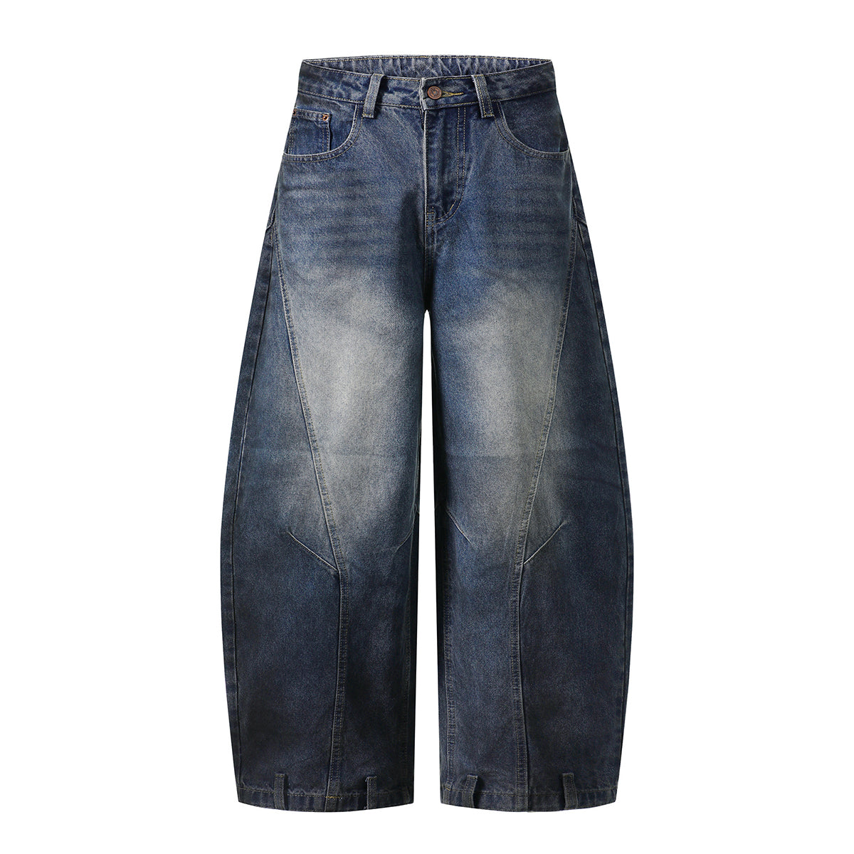 Faded Wash Panel Stitching Barrel-Leg Jeans