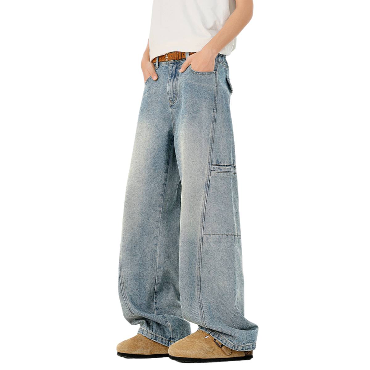 Faded Distressed Pleat Panel Oversized Loose Flared Jeans