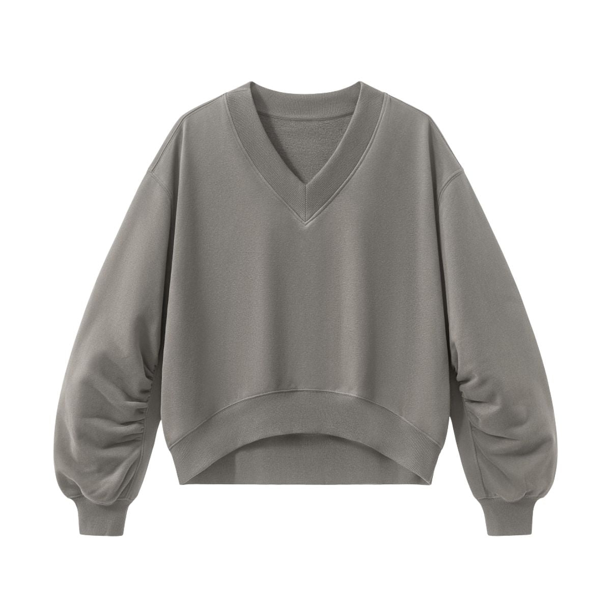 Boxy Short‑Wide V‑Neck Sweatshirt With Gathered Lantern Puff Sleeves