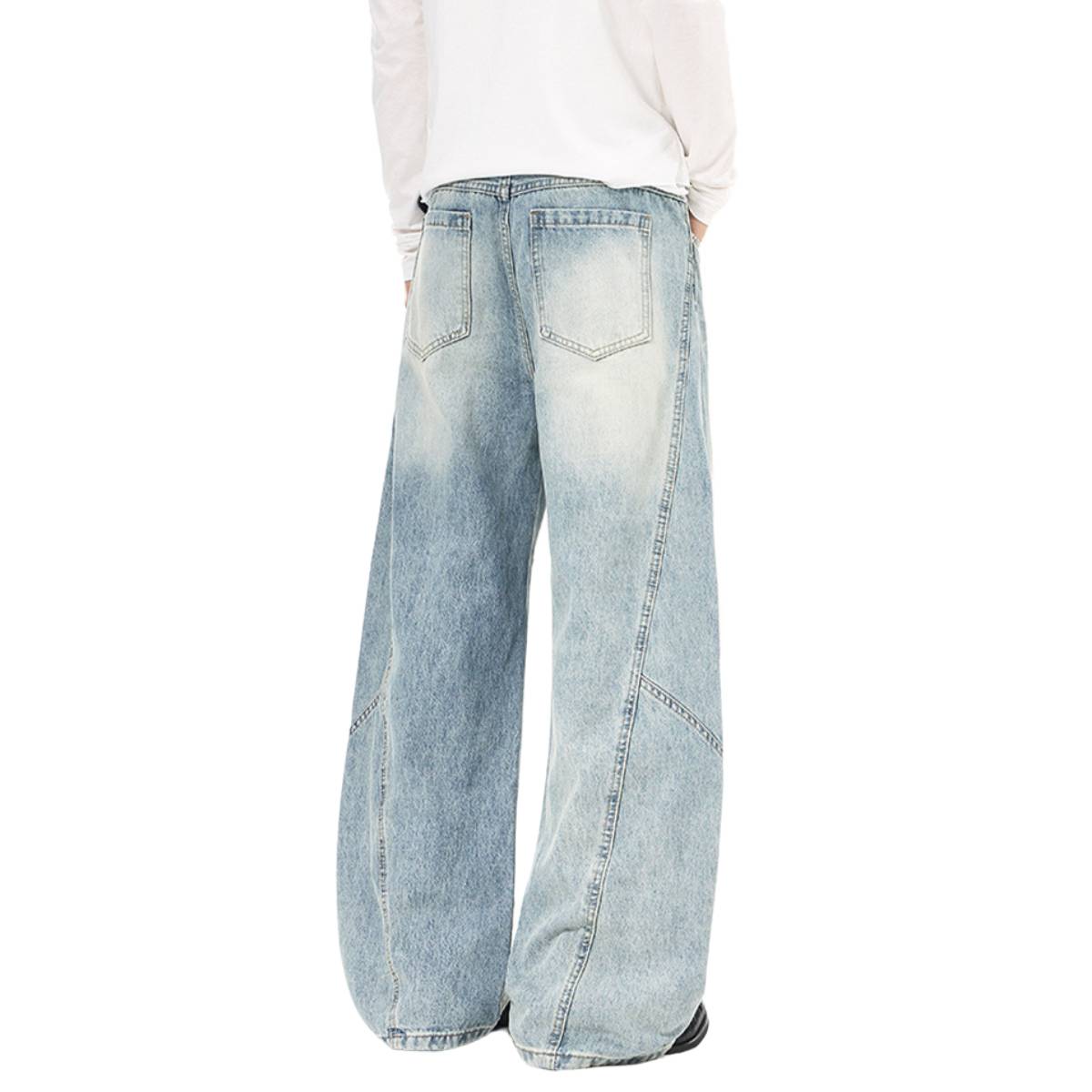 Vintage Washed Curved Loose Wide-Leg Jeans
