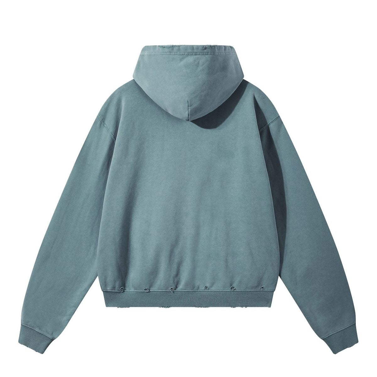 Boxy Cropped Stacked Sleeve Ripped Distressed Full Zip Hoodie