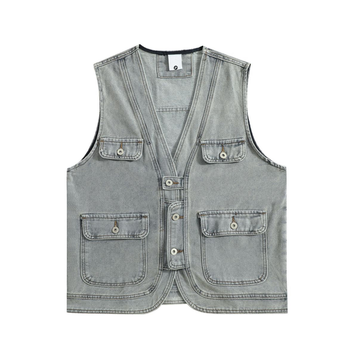 Relaxed V-Neck Denim Cargo Vest