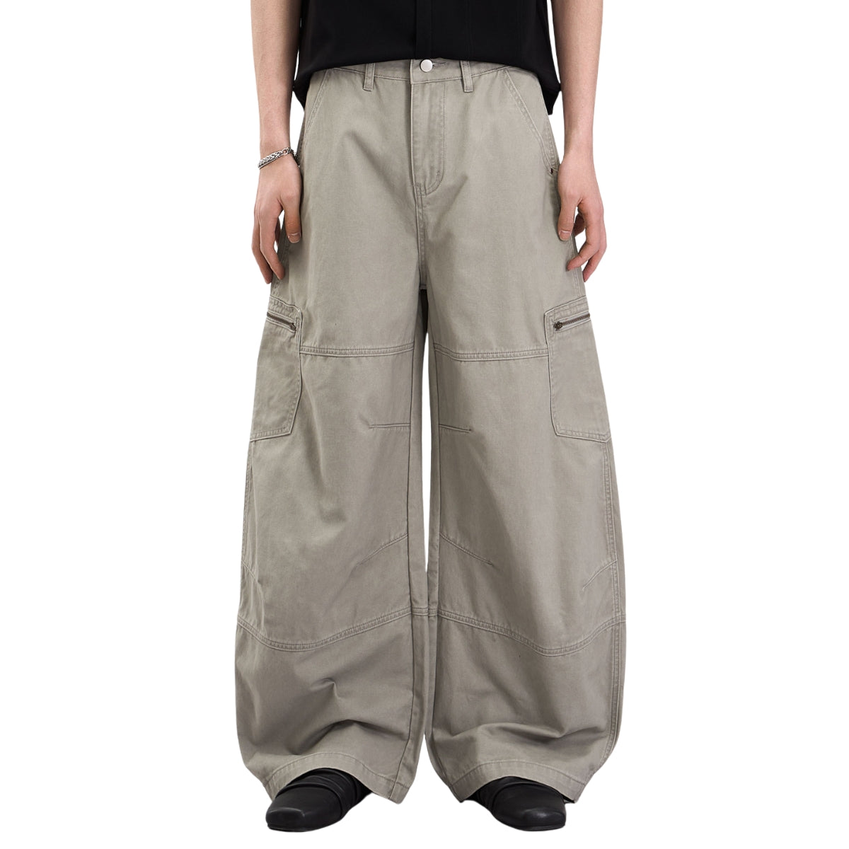 Washed Wrinkled Barrel with Zipper Pockets Cargo Pants