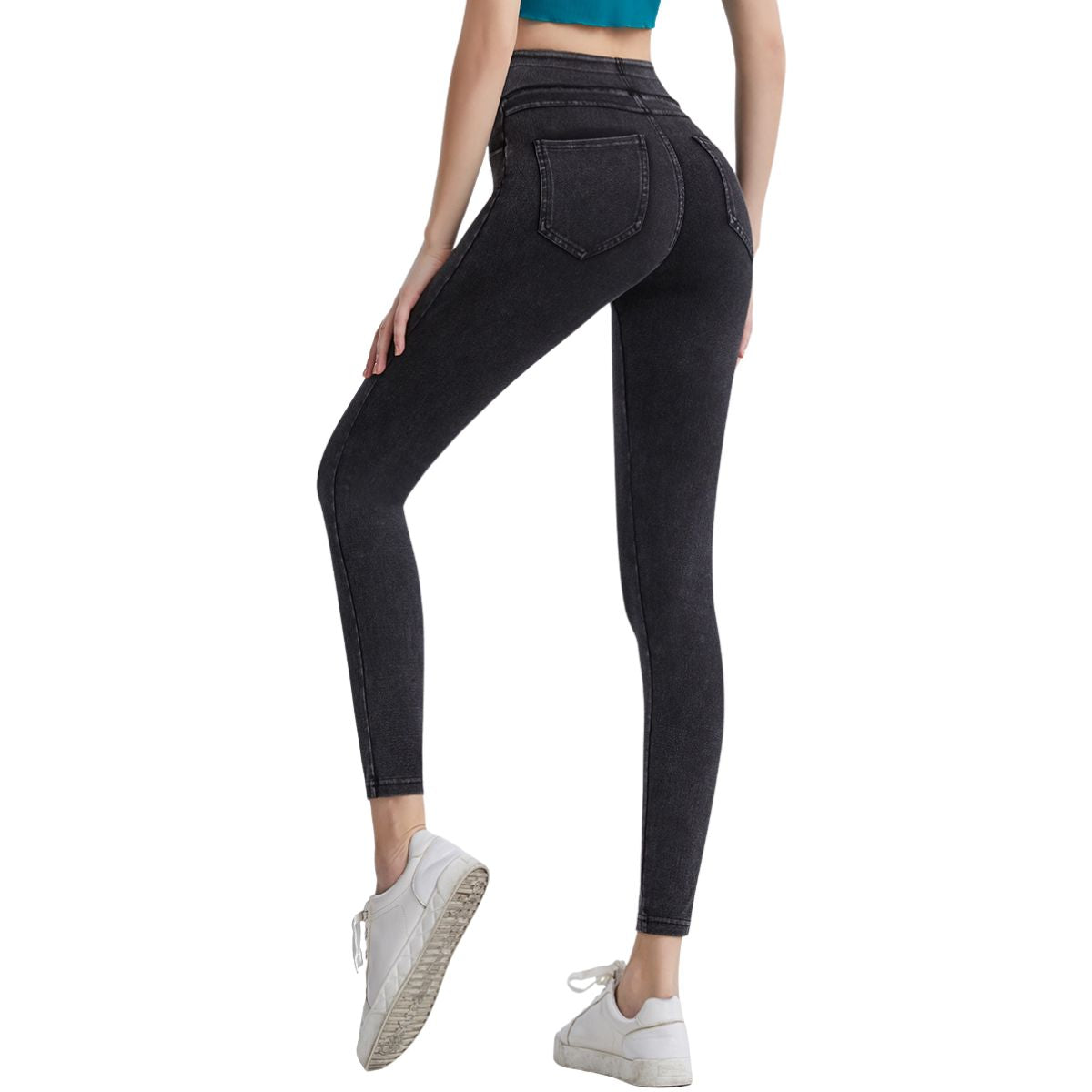 High Waisted Washed Denim Capri Leggings