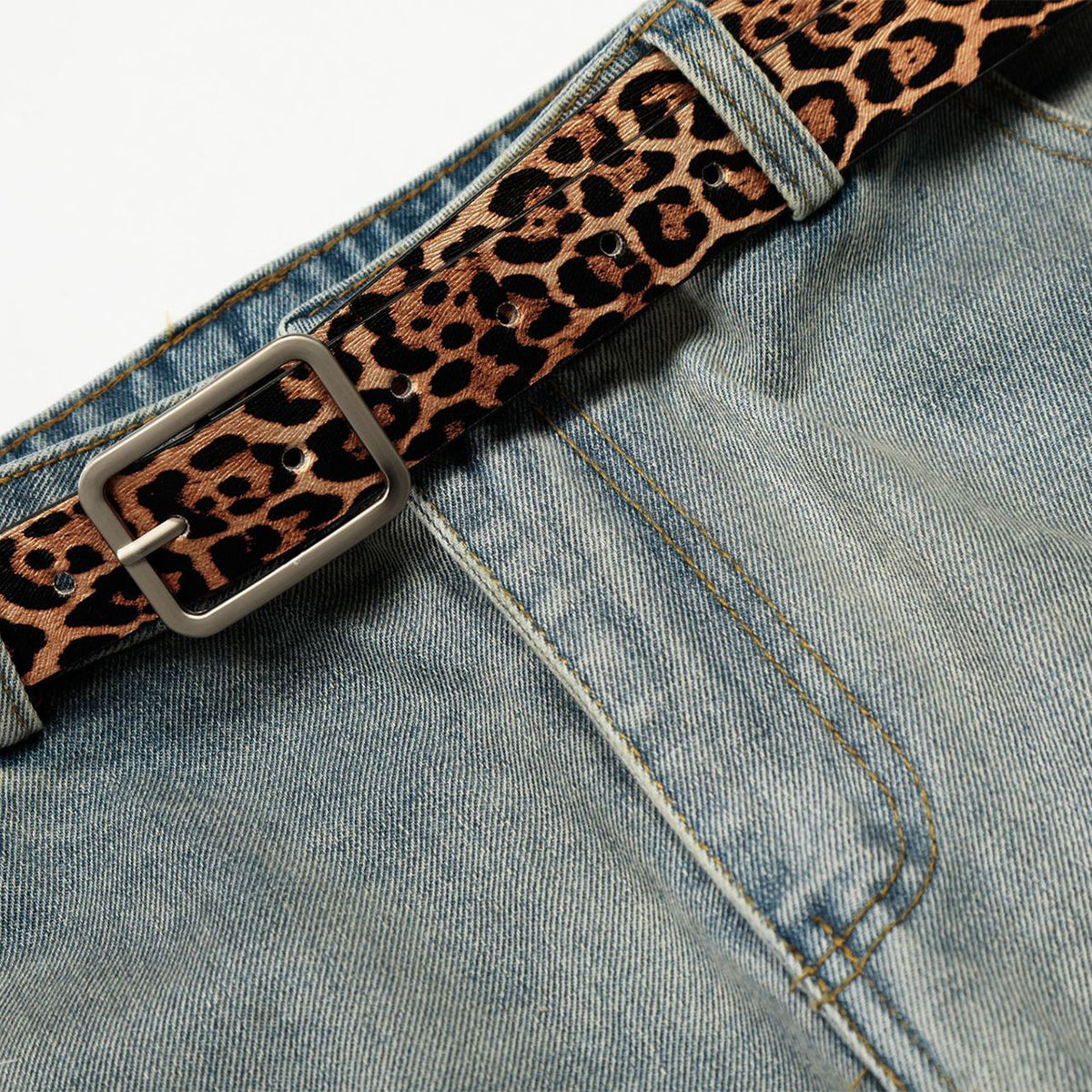 Leopard Print Belt Vintage Wide Leg Distressed Denim