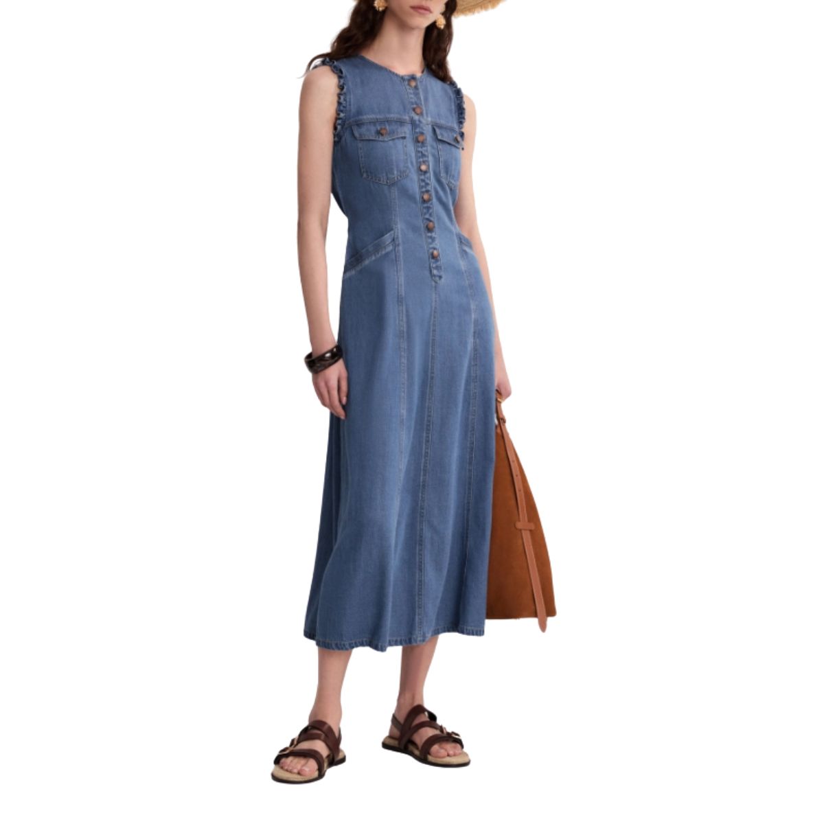 Relaxed Fit Sleeveless Denim Midi Dress