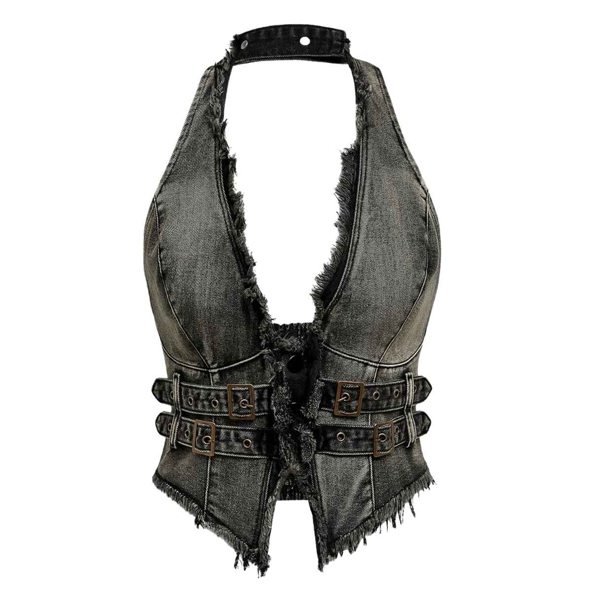 Women's Y2K Backless Fringe CorsetDenim Halter Top