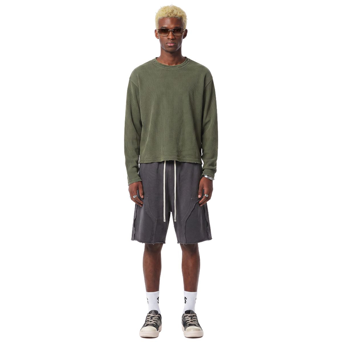 Waffle Raw‑Edge Spliced Distressed Long‑Sleeve T‑Shirt