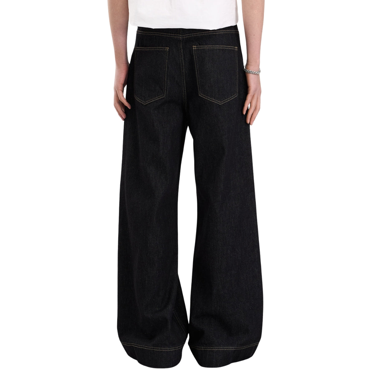 Raw Yellow-Stitch Wide-Leg Curved Baggy Denim Pants