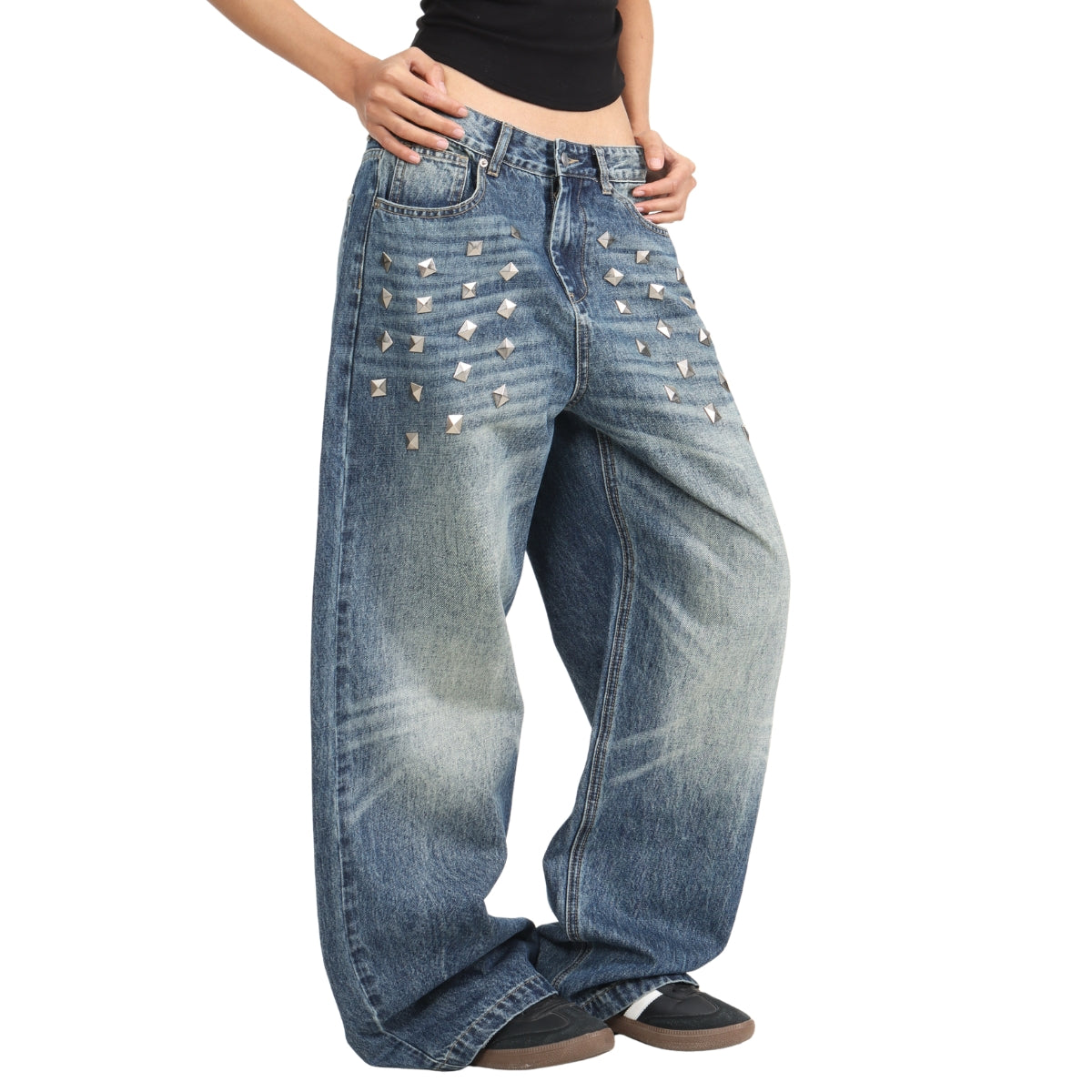 Vintage Blue Cat Whisker Studded Baggy Jeans