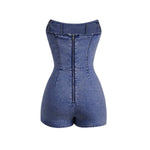 Women's Y2K Strapless Bodycon Wrap Front Short Denim Romper