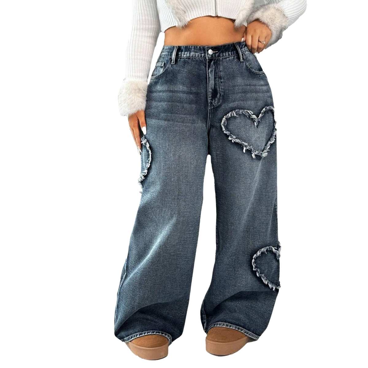 Women’s High Waisted Distressed Heart Pattern Wide Leg Jeans