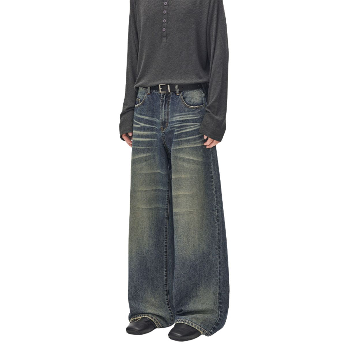 Loose Straight‑Leg Vintage Whiskered Jeans