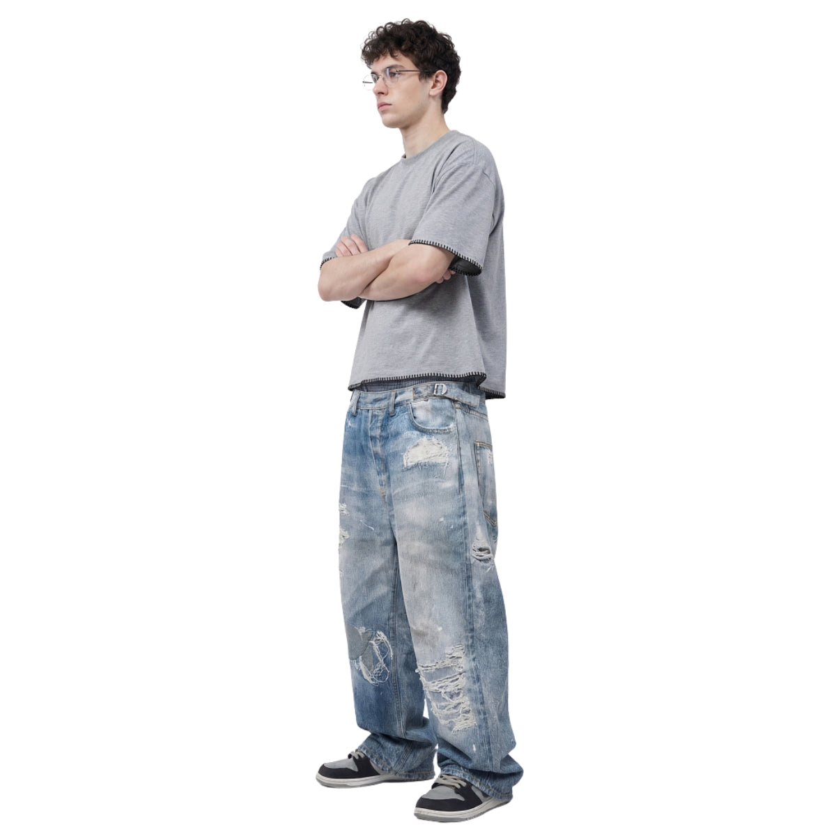 West Coast Double Waist Denim Texture Wide Leg Pants