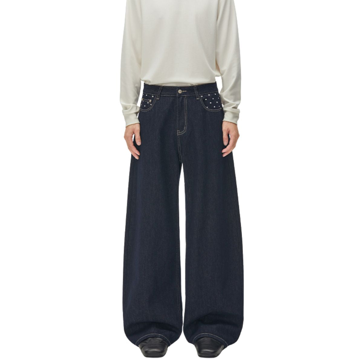 Star‑Print Curved Blade Raw Denim Jeans