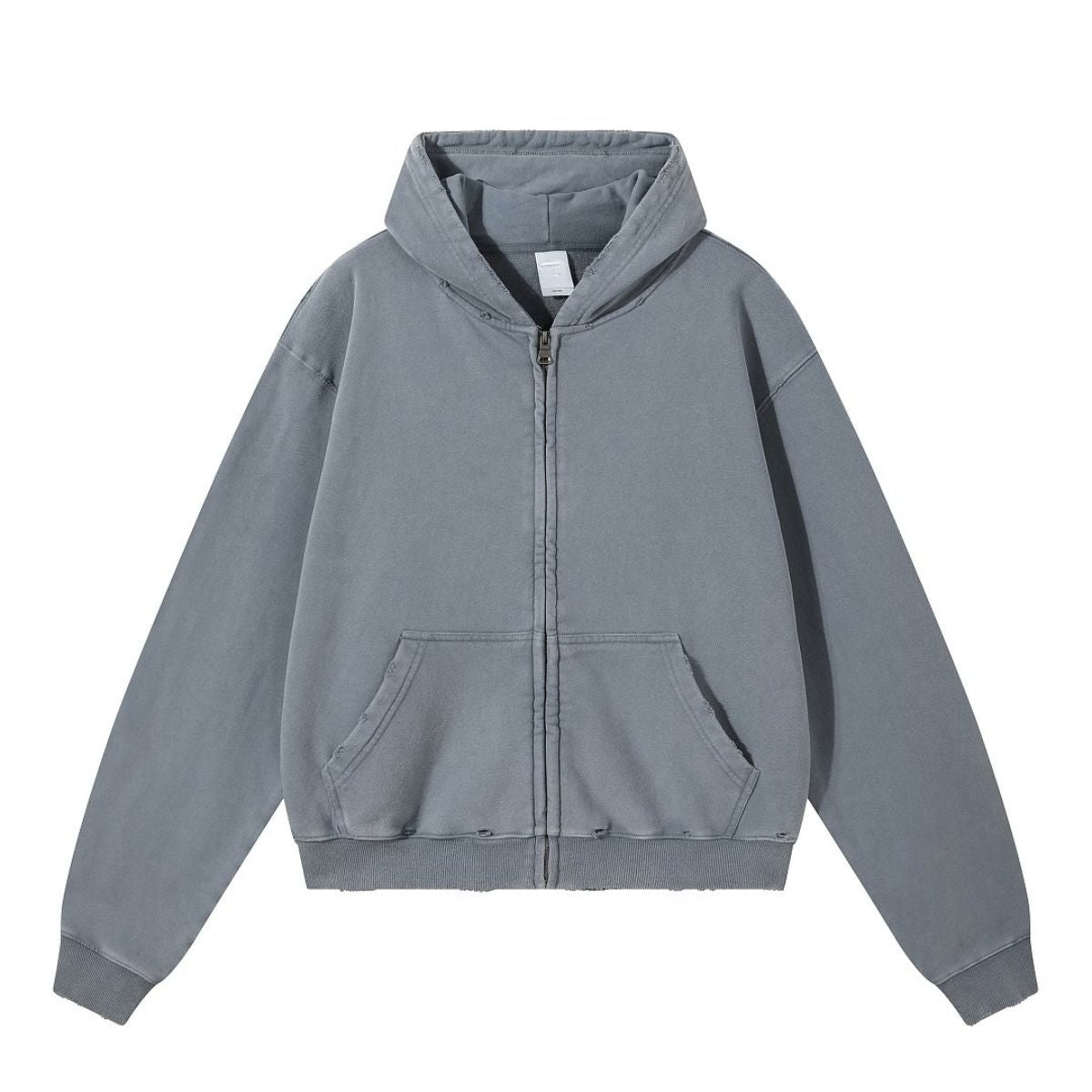 Boxy Cropped Stacked Sleeve Ripped Distressed Full Zip Hoodie