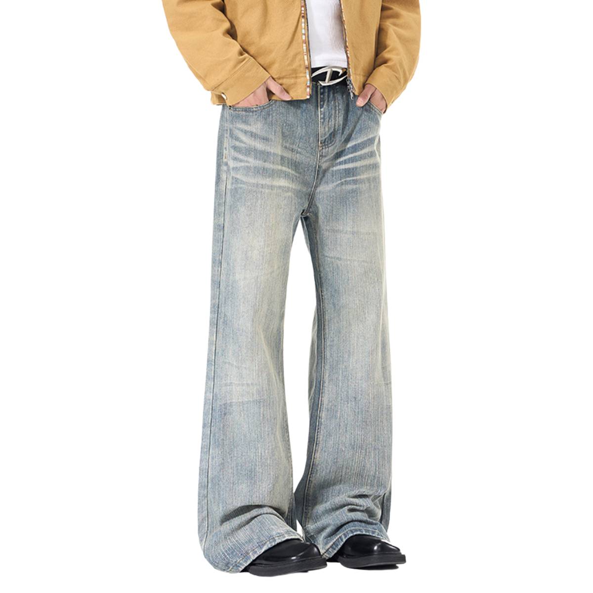 Gradient Washed High Rise Curved Leg Loose Wide Leg Denim Jeans