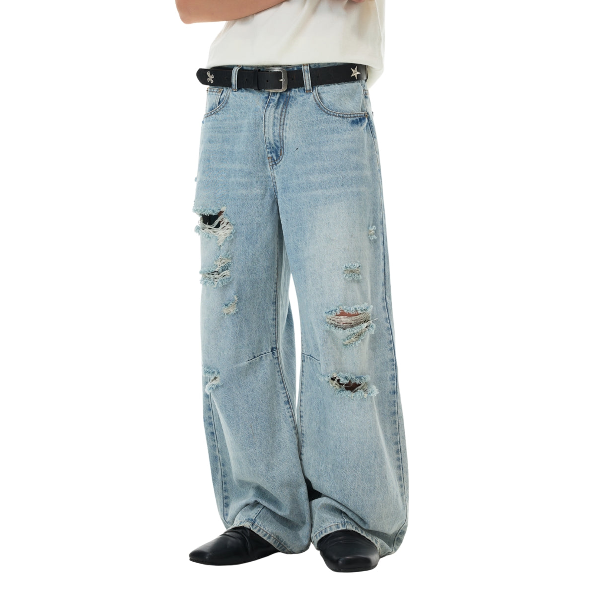 Wash Destroyed Pleated Baggy Jeans