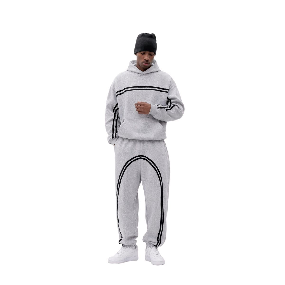 Snow Wash Broken-Seam Color Contrast Webbing Fleece Hoodie