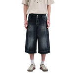 Double-Button Whiskered Wide-Leg Denim Shorts