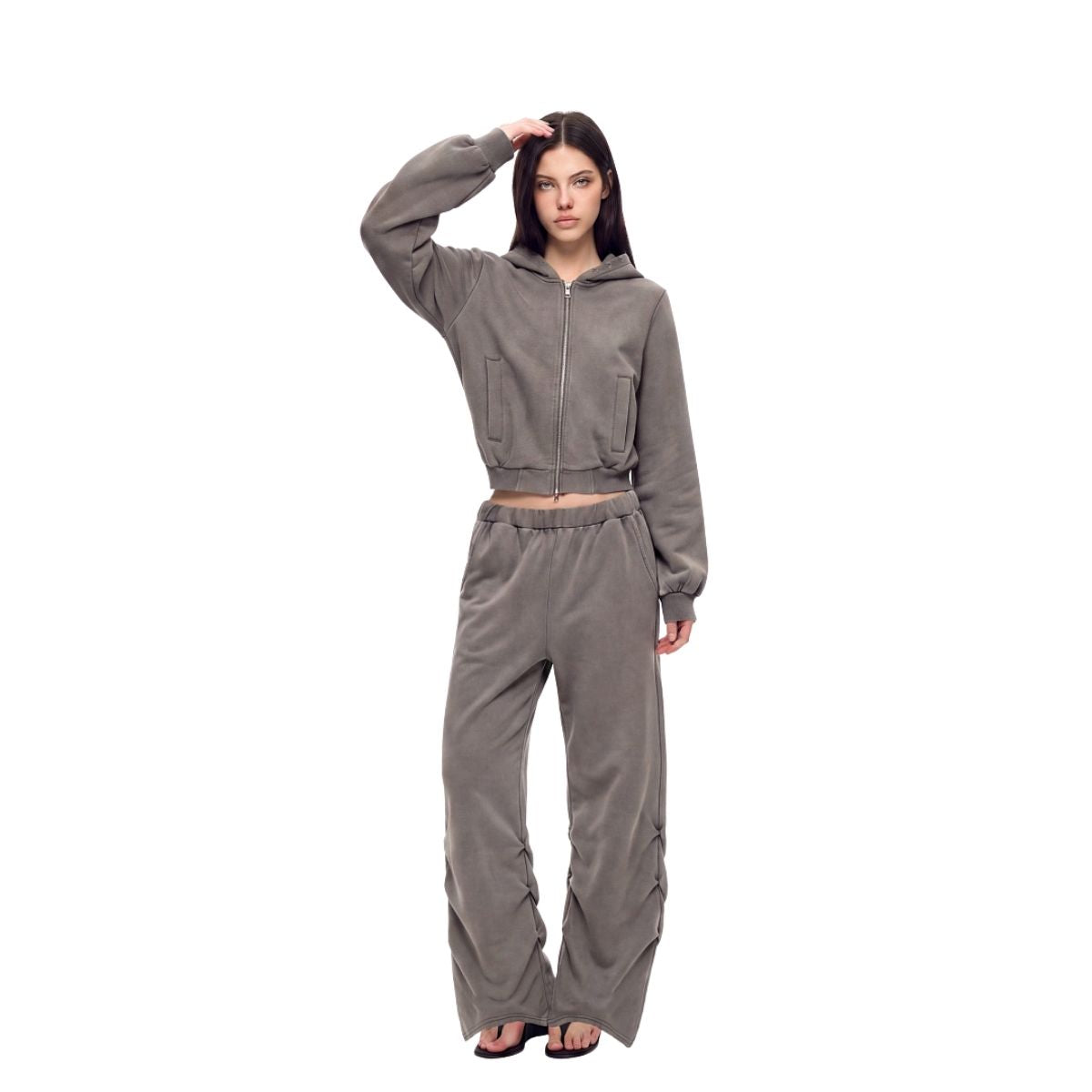 Vintage Washed Ruched Flared Casual Pants