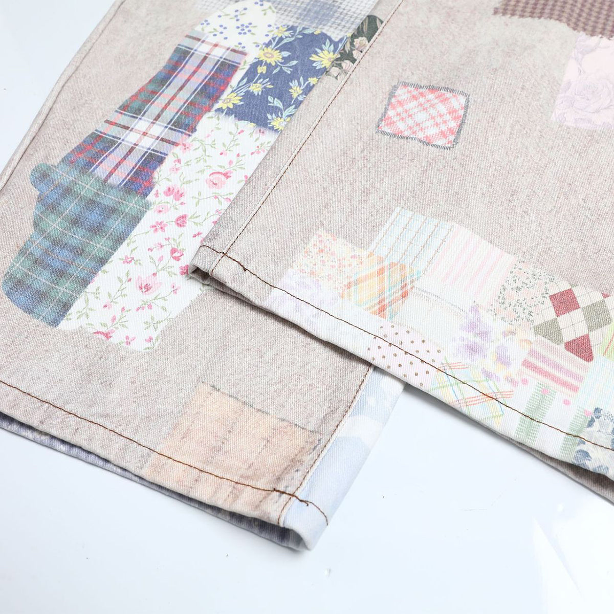 High Street Vintage-Inspired Patchwork Print Wide-Leg Jeans