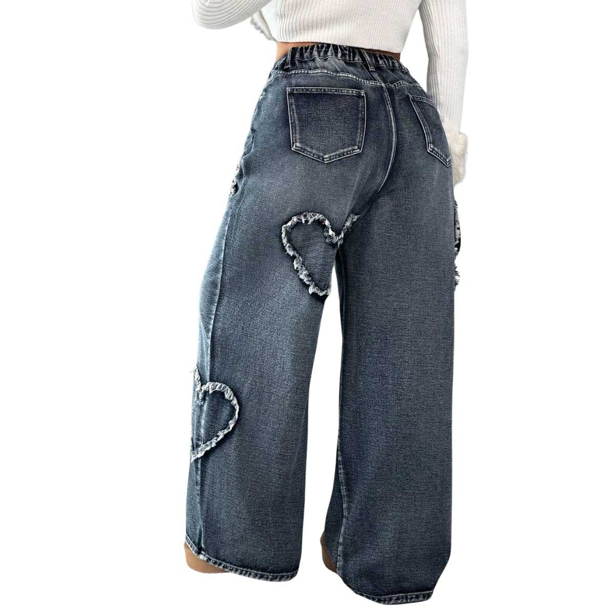 Women’s High Waisted Distressed Heart Pattern Wide Leg Jeans