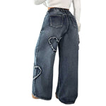 Women’s High Waisted Distressed Heart Pattern Wide Leg Jeans