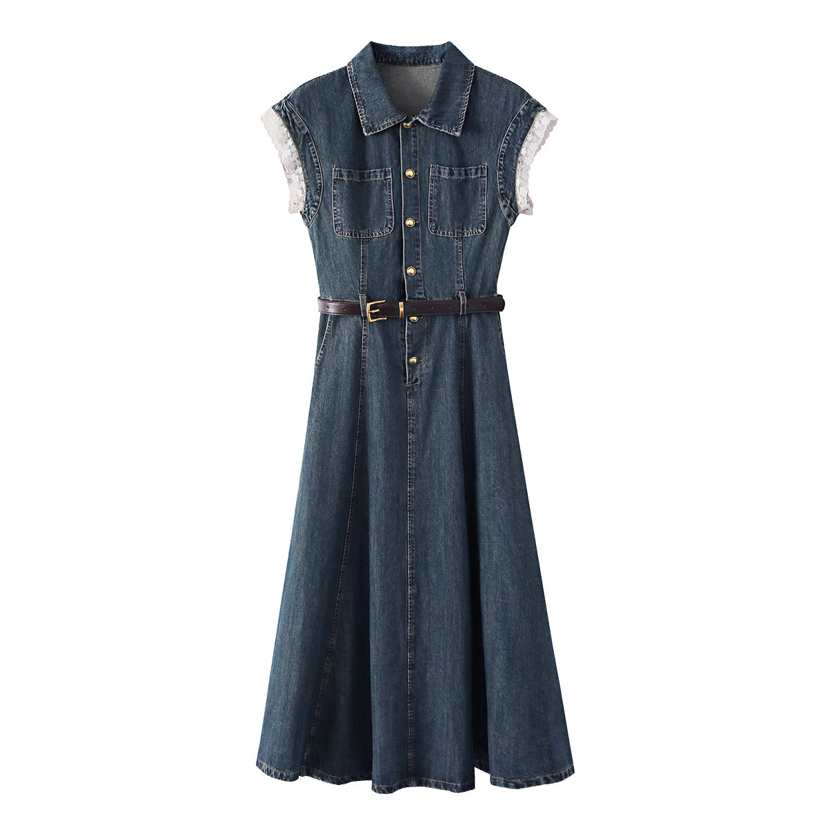 Cap Sleeve Belted Midi Denim Dress