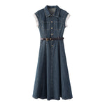 Cap Sleeve Belted Midi Denim Dress