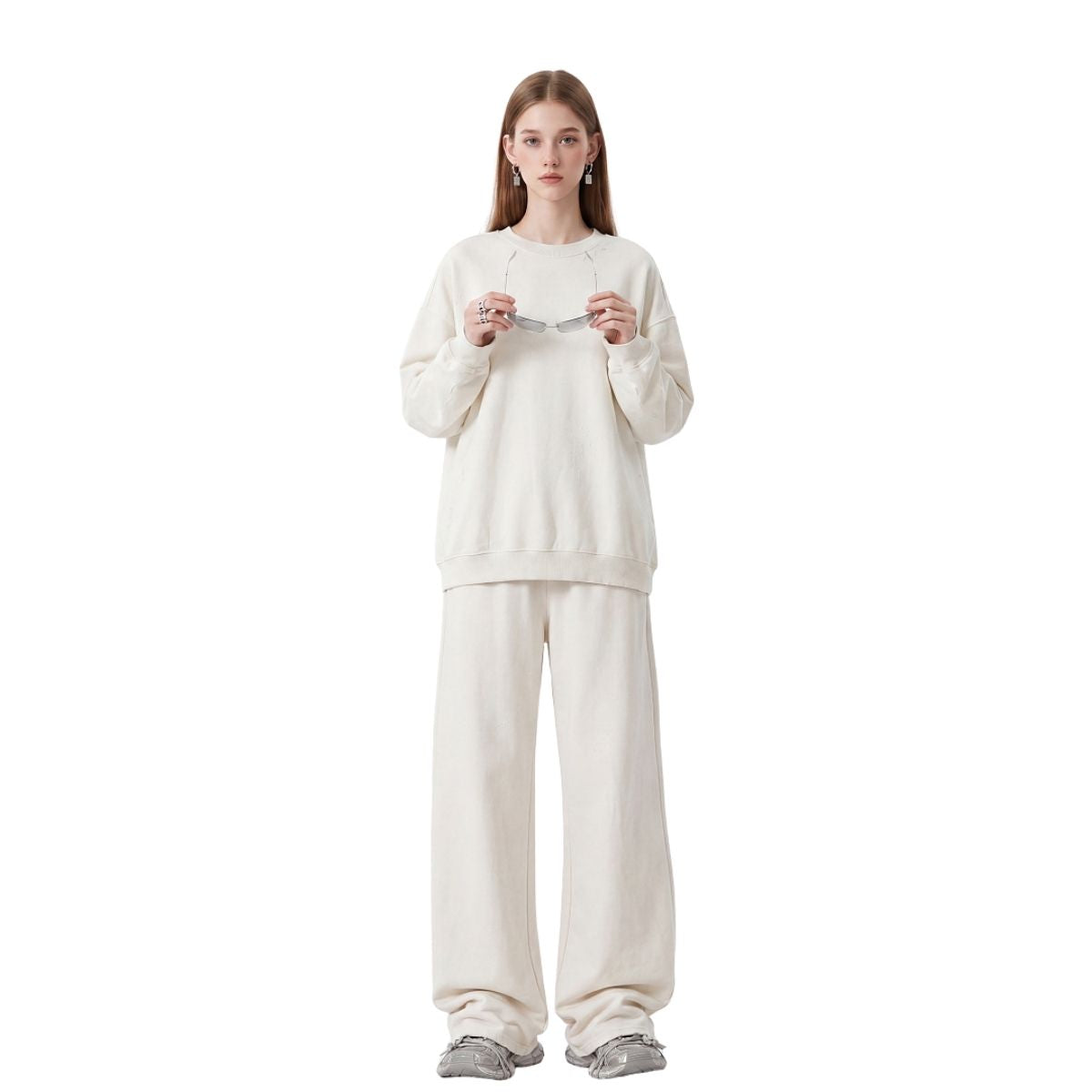 Heavyweight Washed Slit‑Destroyed Curved Wide Leg Pants