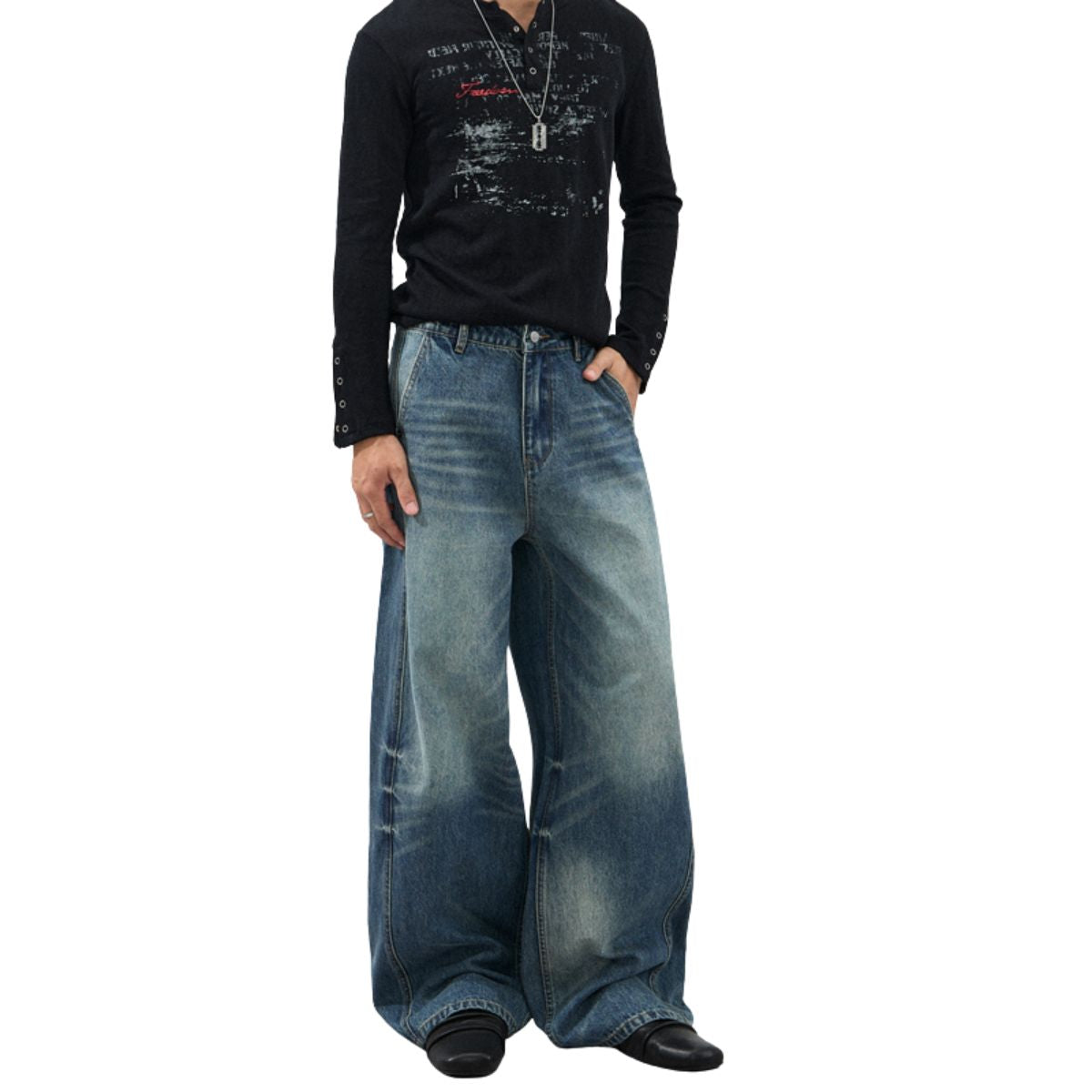 Vintage Blue Wide‑Leg Jeans With Side Pleat Details