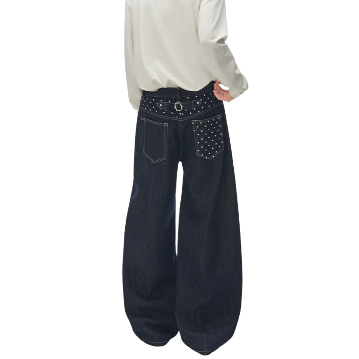 Star‑Print Curved Blade Raw Denim Jeans