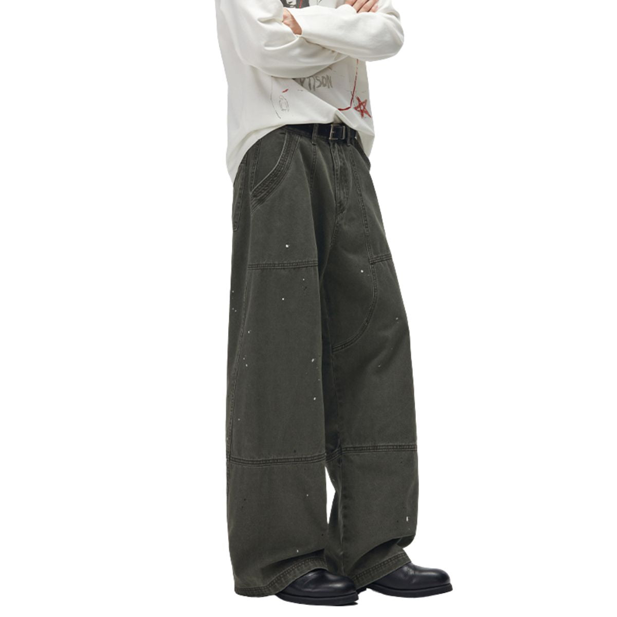 Paint‑Splatter Spliced Dark‑Green Loose Casual Pants