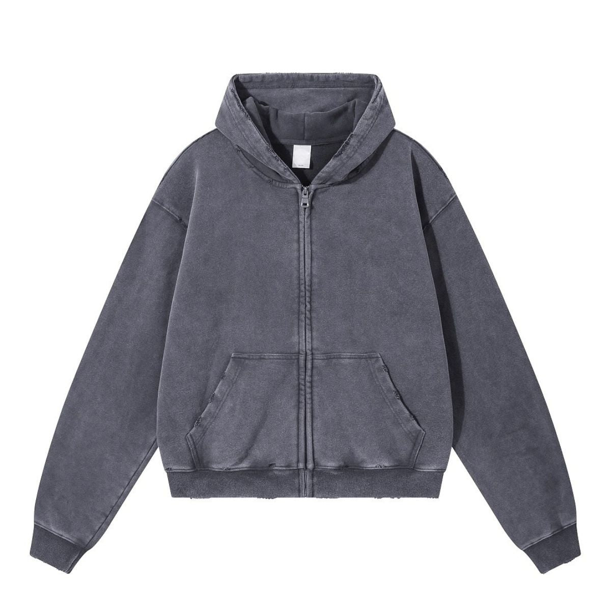 Boxy Cropped Stacked Sleeve Ripped Distressed Full Zip Hoodie