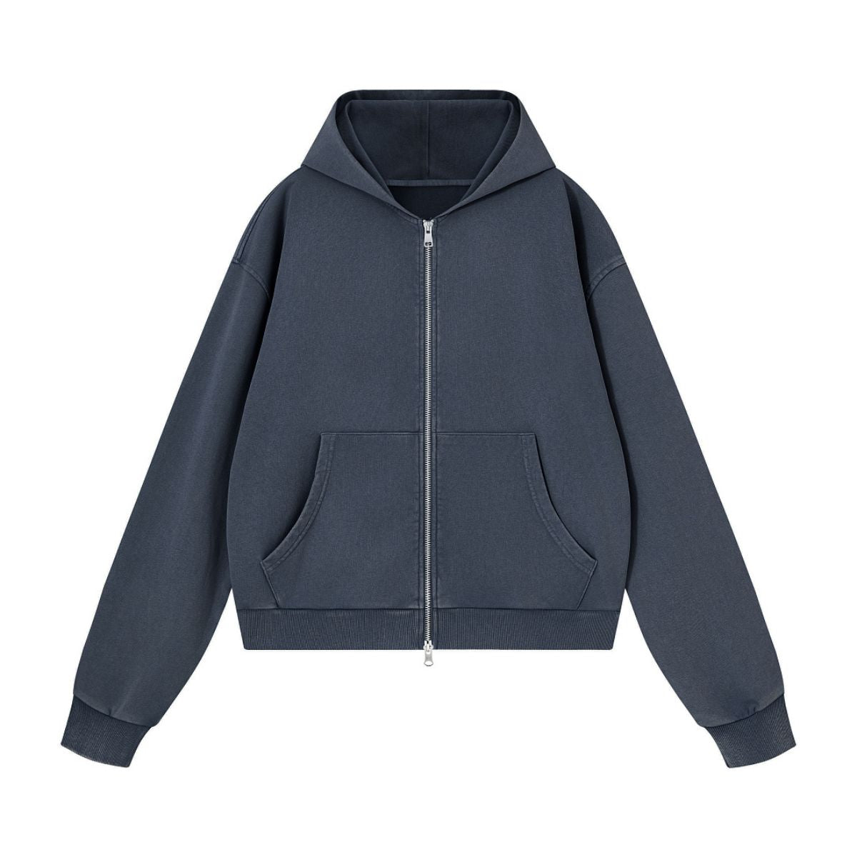 French Terry Washed Distressed Double‑Zip Hoodie