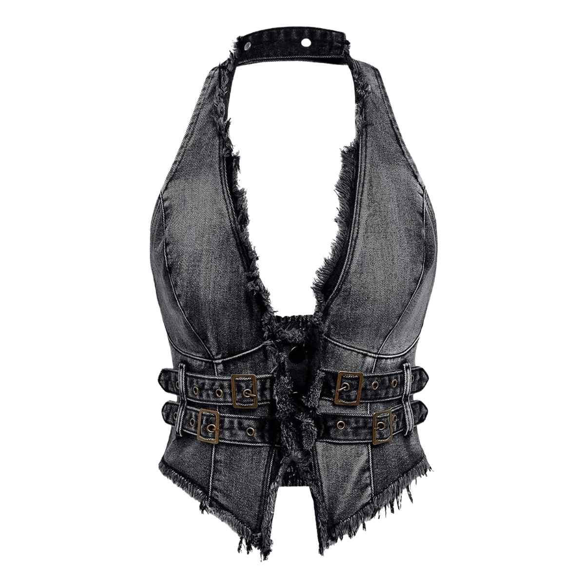 Women's Y2K Backless Fringe CorsetDenim Halter Top