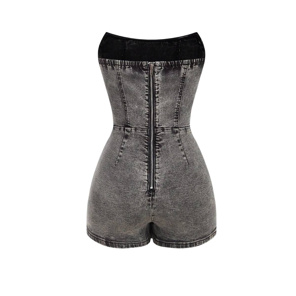 Women's Y2K Strapless Bodycon Wrap Front Short Denim Romper