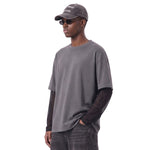Acid‑Wash Distressed Layered‑Look Contrast Long Sleeve T‑Shirt