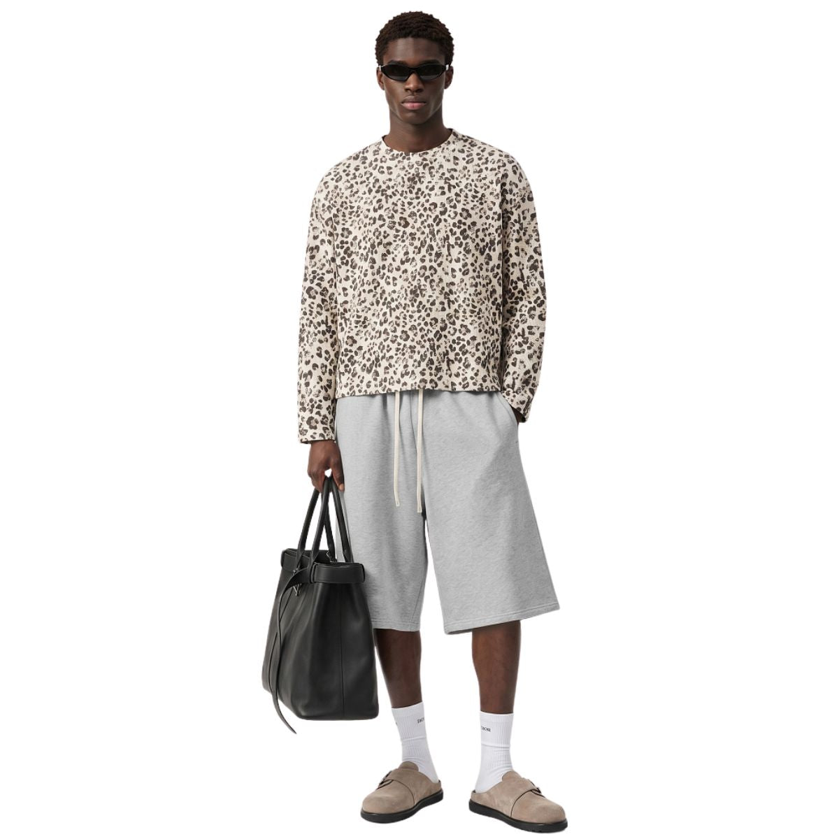 Leopard Print Waffle‑Knit Crew Neck Long Sleeve T‑Shirt