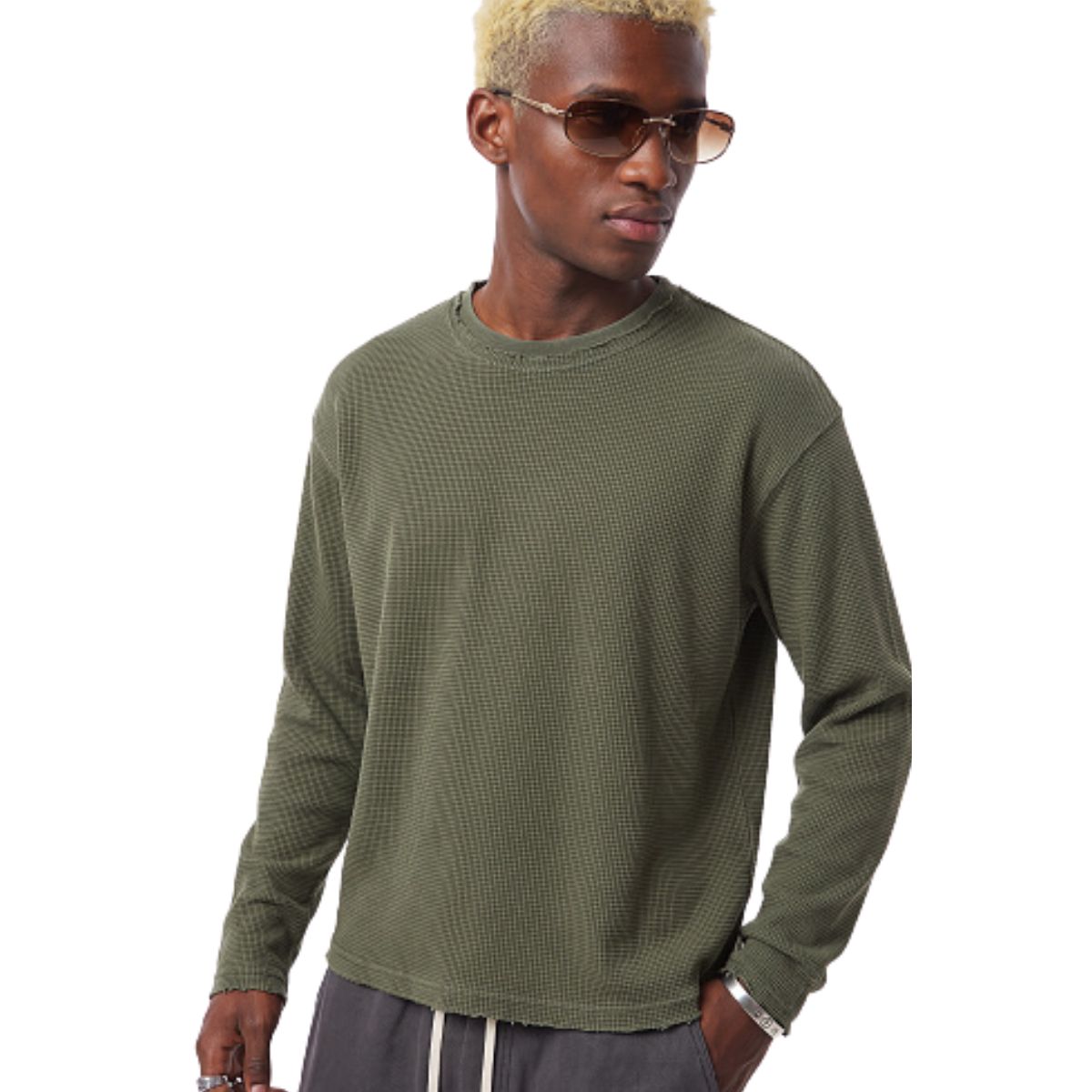 Waffle Raw‑Edge Spliced Distressed Long‑Sleeve T‑Shirt