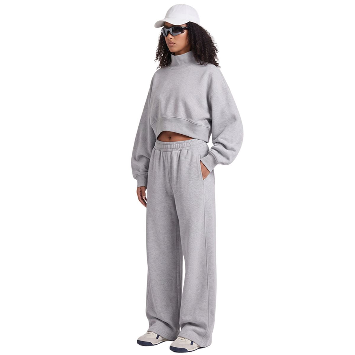 Mock Neck Drop Shoulder Sweatshirt Loose Sleeve Curved Hem