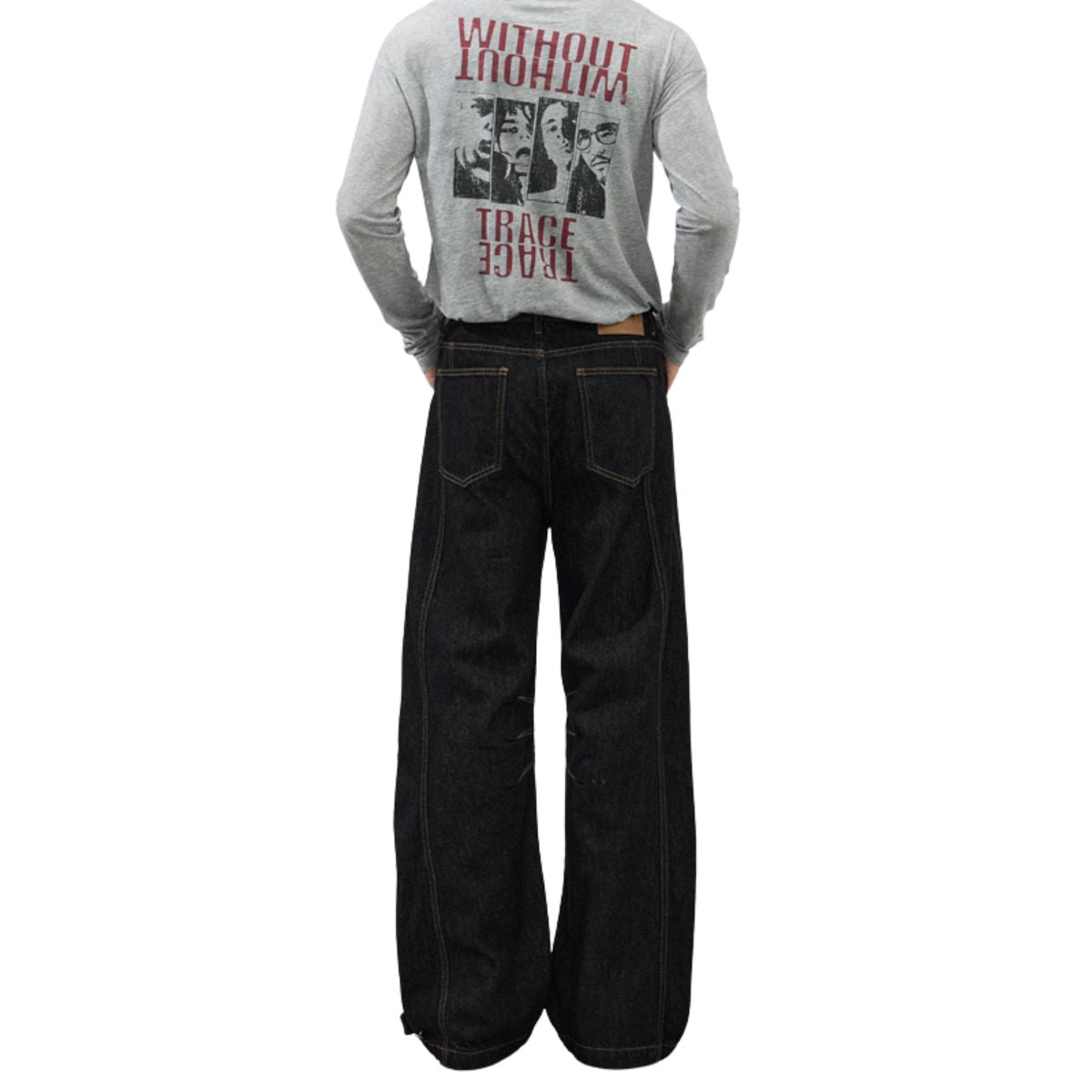 Raw Black Deconstructed Curved Wide‑Leg Jeans