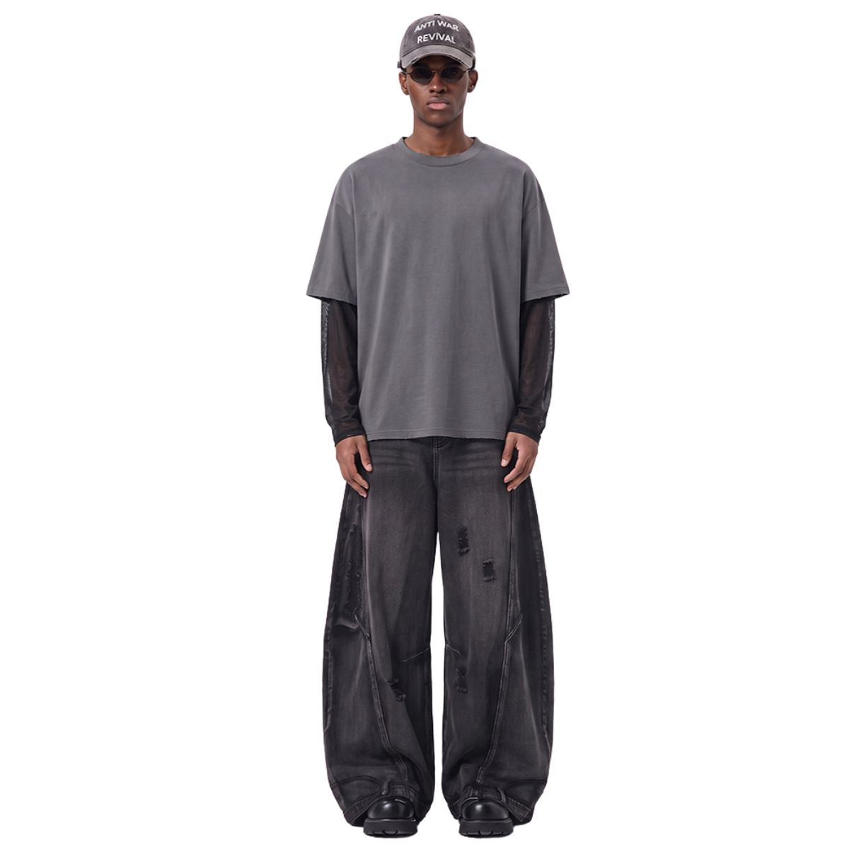 Acid‑Wash Distressed Layered‑Look Contrast Long Sleeve T‑Shirt