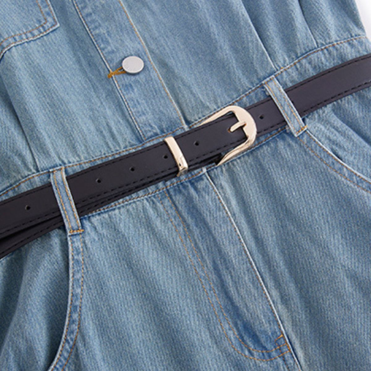 Short Sleeve Belted Midi Denim Shirtdress