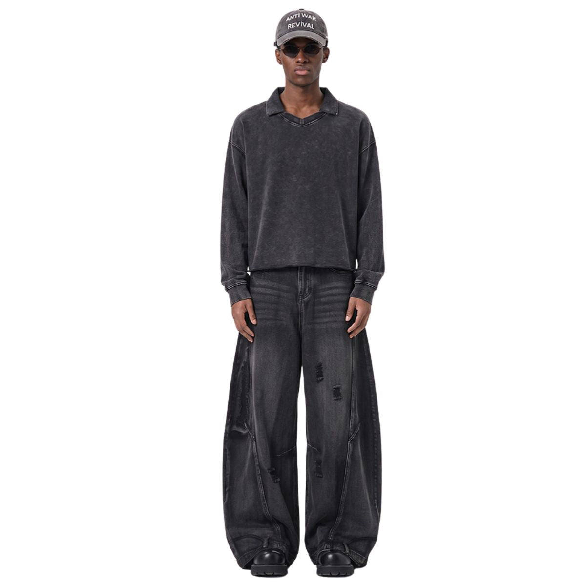 Boxy‑Fit Small V‑Neck Polo Cotton Sweatshirt