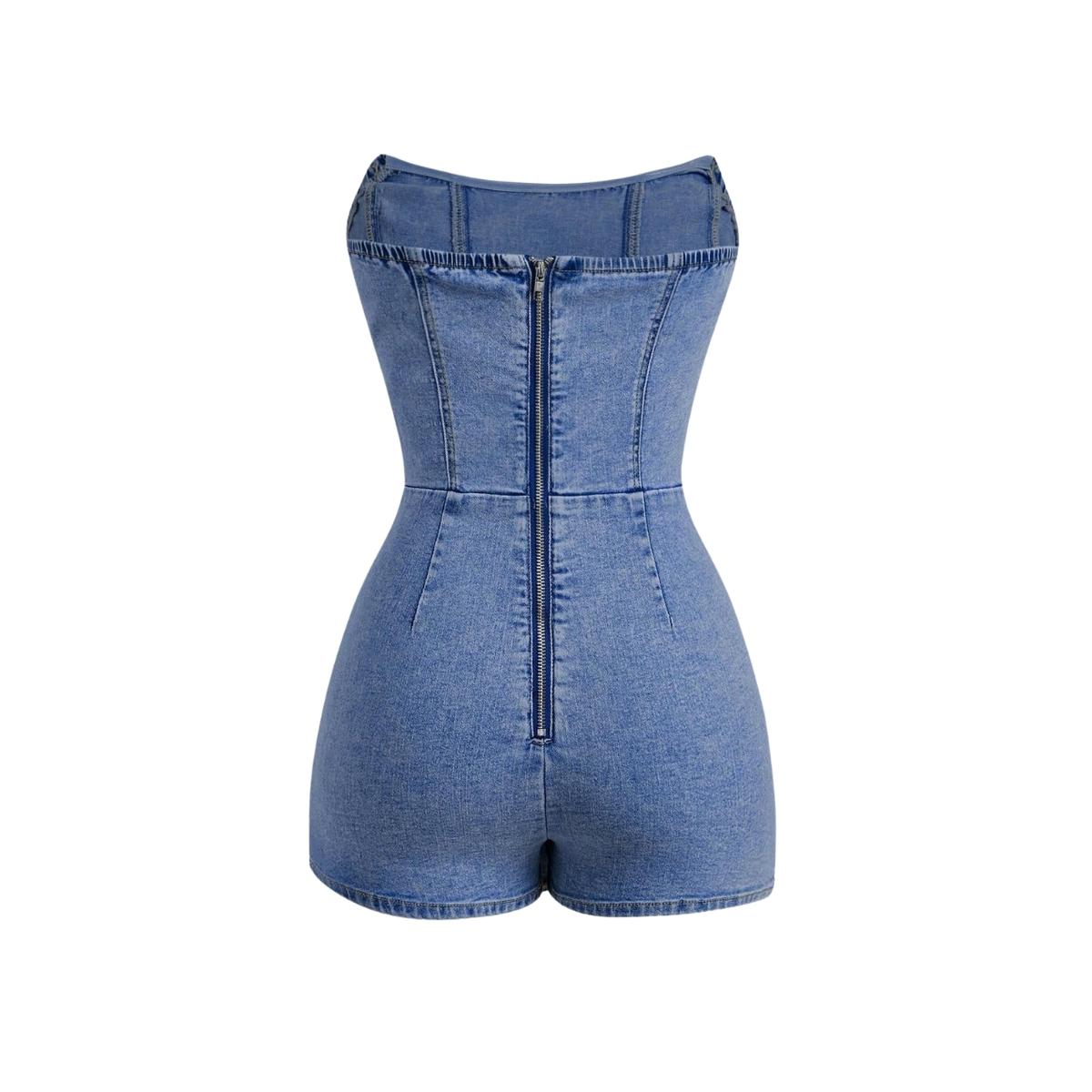 Women's Y2K Strapless Bodycon Wrap Front Short Denim Romper