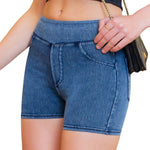 Mid-Waisted Washed Knit Denim Shorts