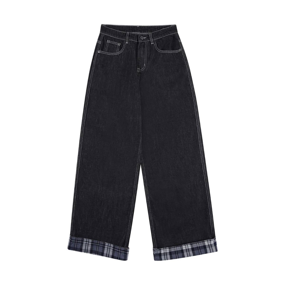 Contrast Stitch Black Wide-Leg Jeans